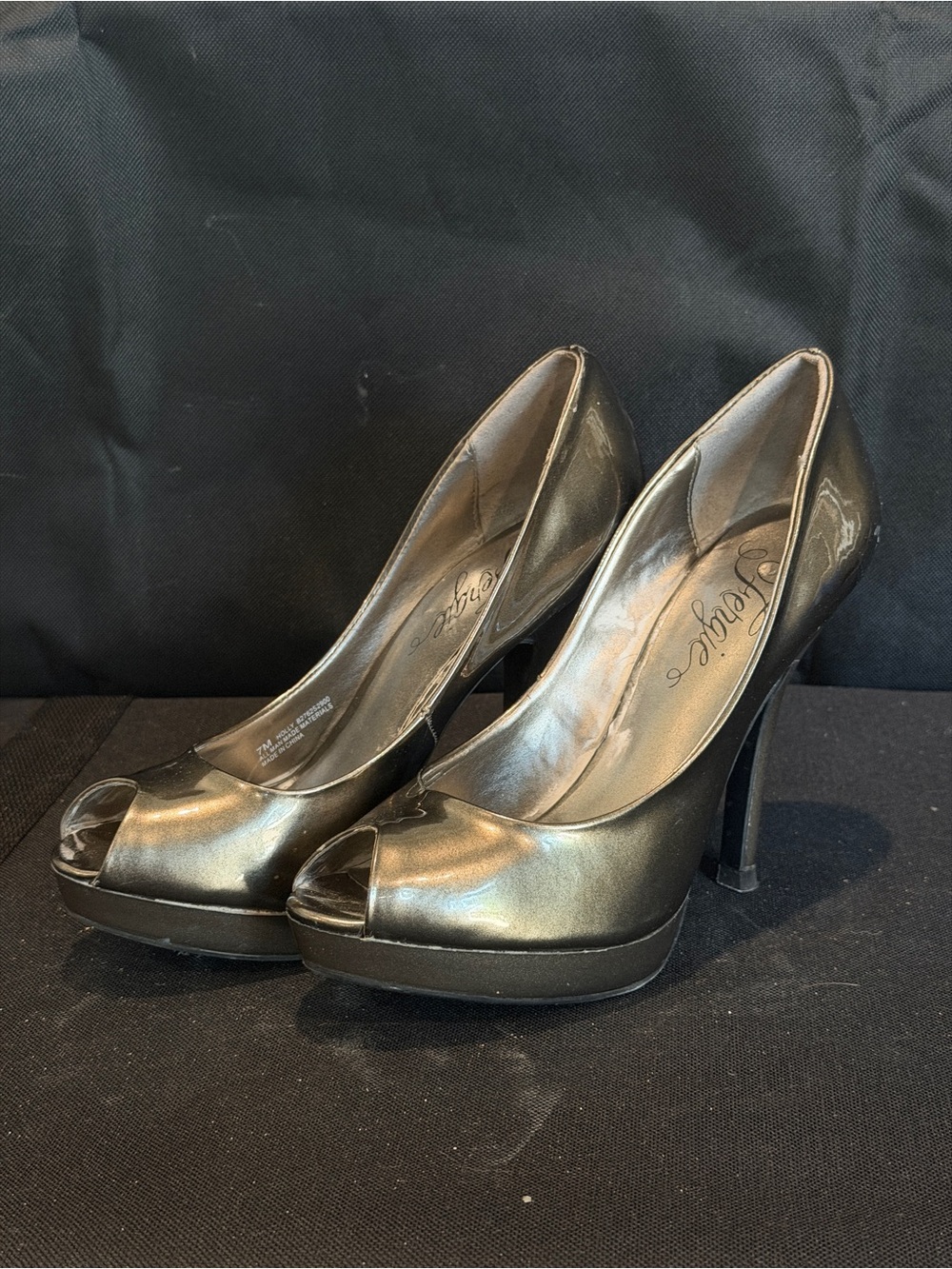 Fergie Metallic Pewter Peep-Toe High Heels